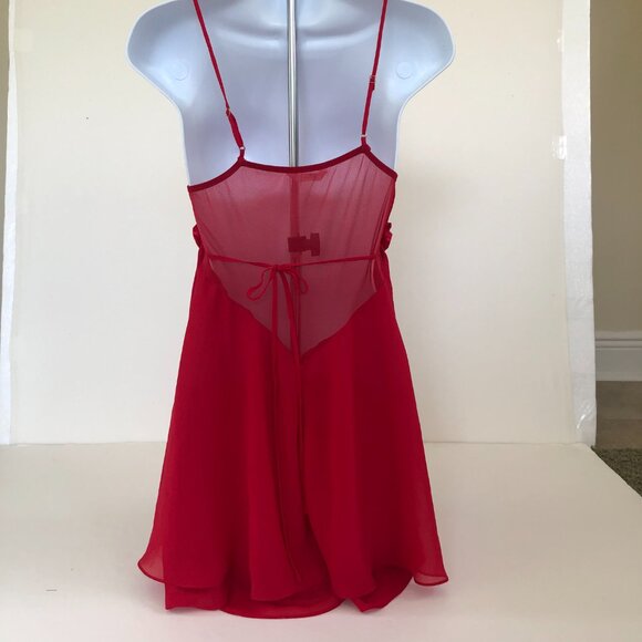 Vtg FLORA Red Nightie Gown Small Sweetheart Rosebud Chiffon Flowy Slip Dress - Picture 4 of 10